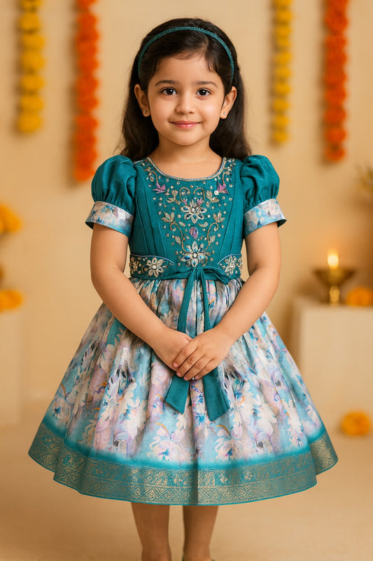 Girls Bead Embellished Zari Border Ethnic Dress