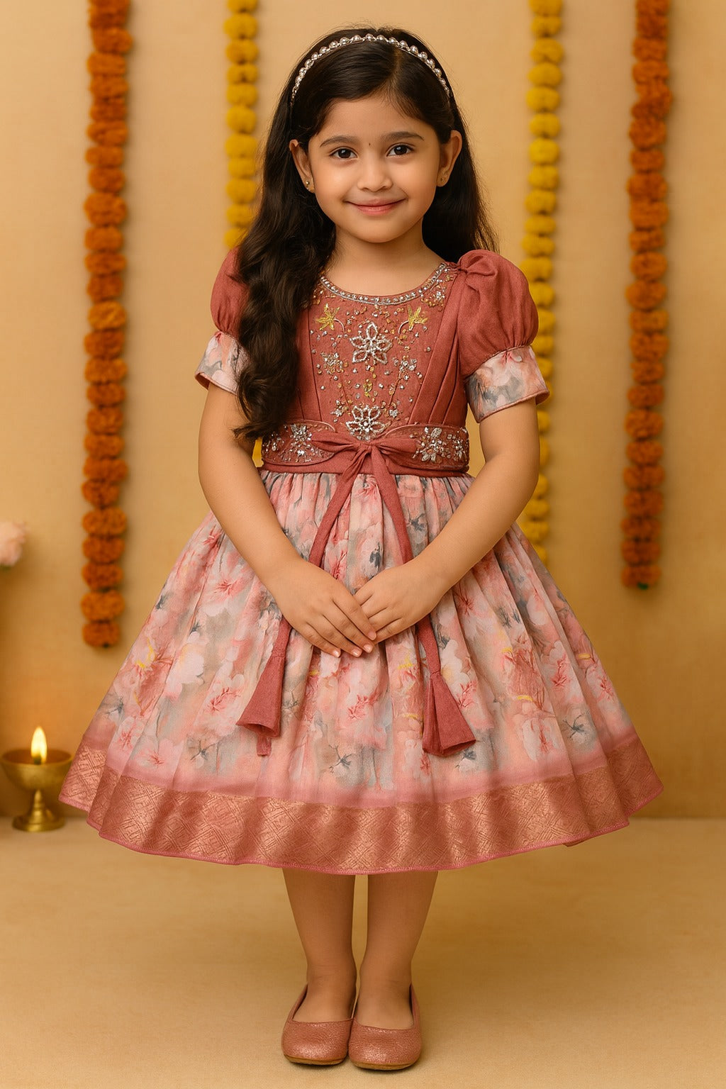 Girls Bead Embellished Zari Border Ethnic Dress