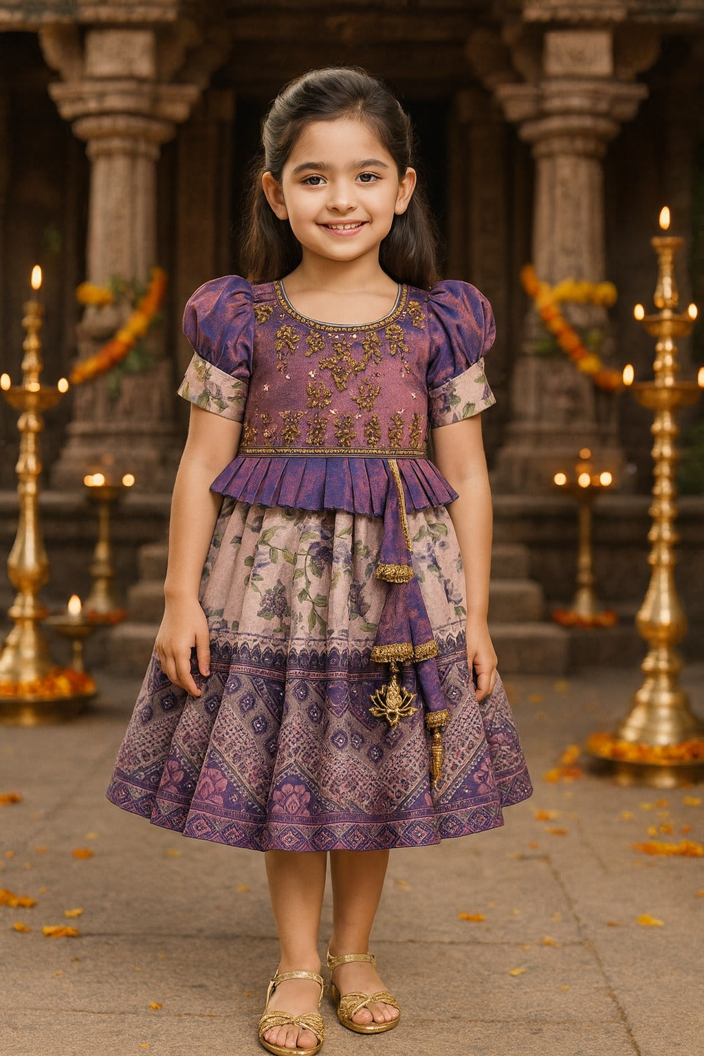 Girls Bead Embellished Printed Silk Ethnic Dress - 1