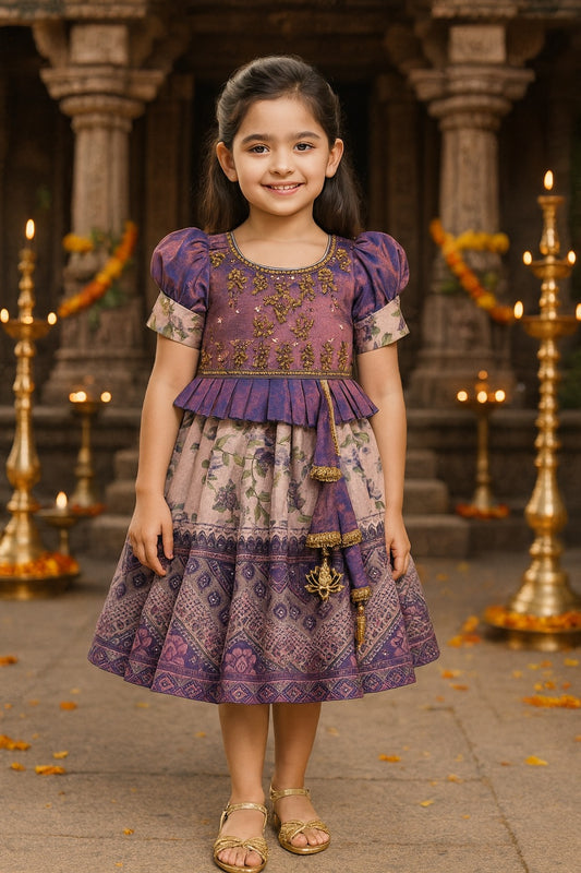 Girls Bead Embellished Printed Silk Ethnic Dress - 1