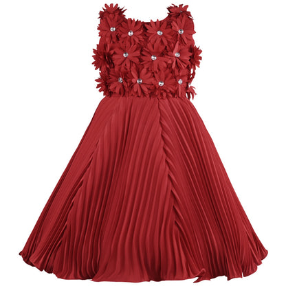 Elegant Red Floral Embellished Satin Party Dress for Girls