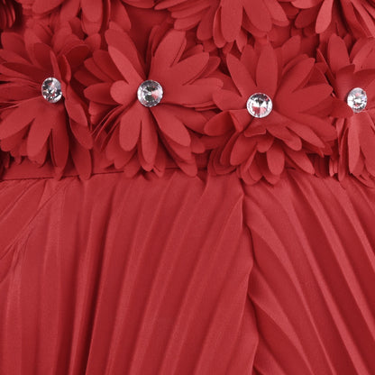 Elegant Red Floral Embellished Satin Party Dress for Girls