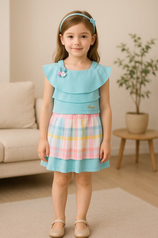 Girls Checked Top and Skirt Clothing Set