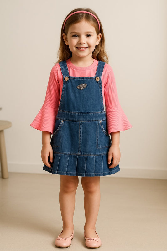 Girls Flared Top and Denim Dungaree Set