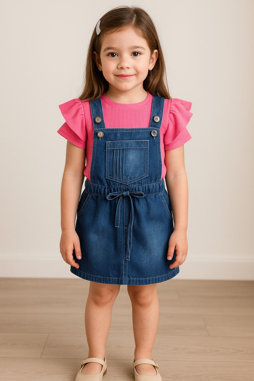 Girls Solid Top and Shorts Dungaree Set