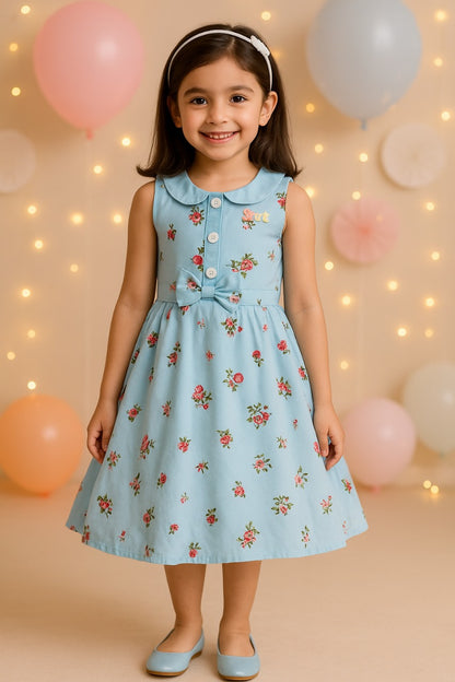 Girls Cotton Floral Print Collared Bow Summer Dress