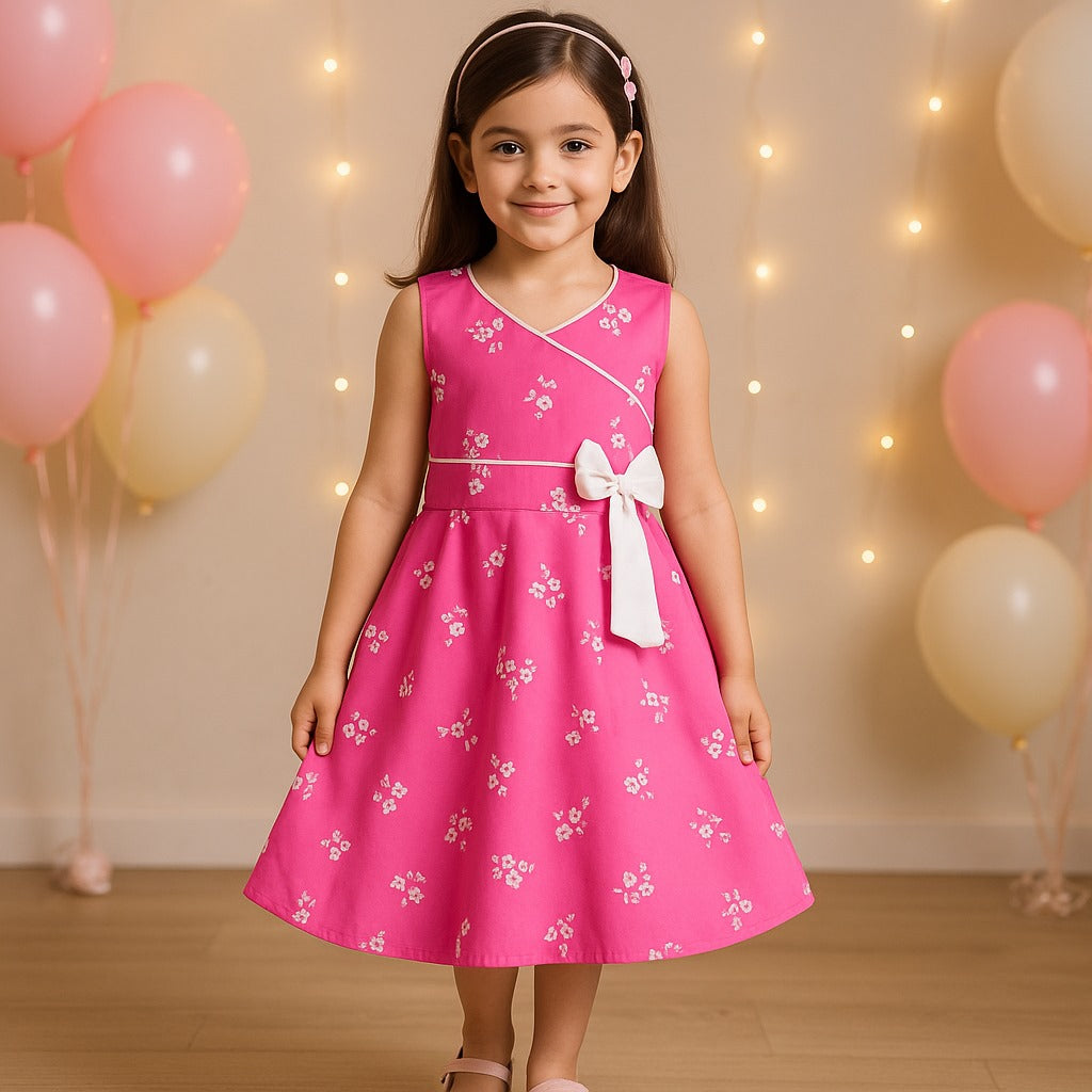 Girls Cotton Floral Print Bow Summer Dress