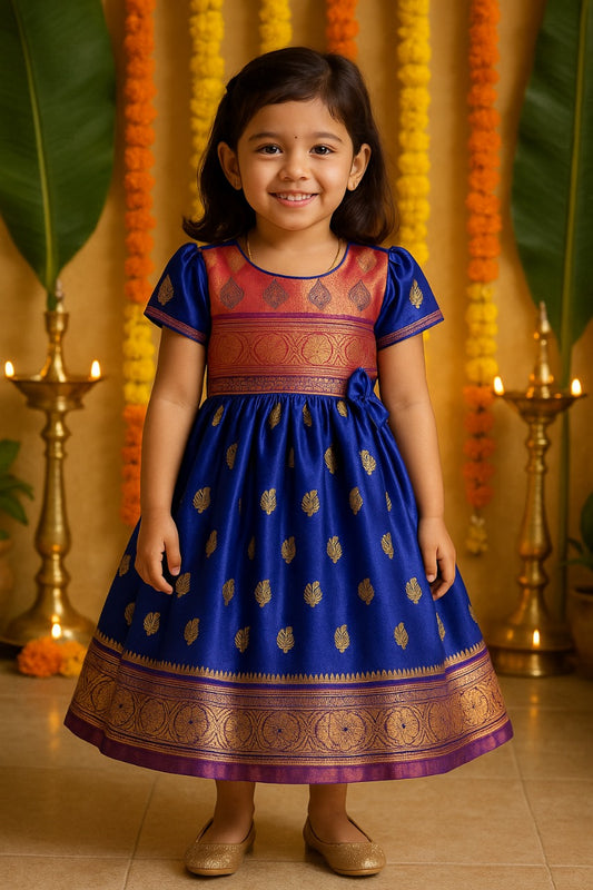 Girls Woven Zari Short Sleeve Round Neck Ethnic Dress