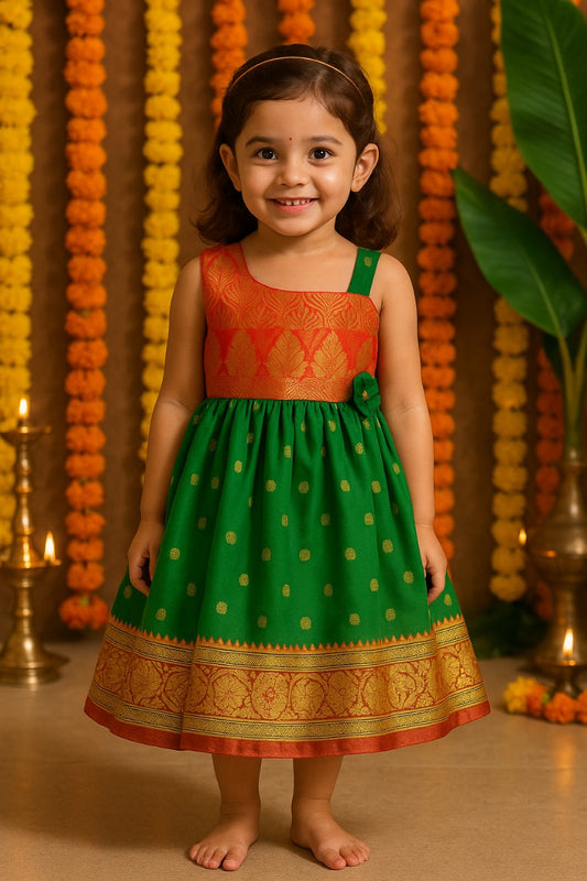 Girls Woven Zari One Shoulder Ethnic Dress