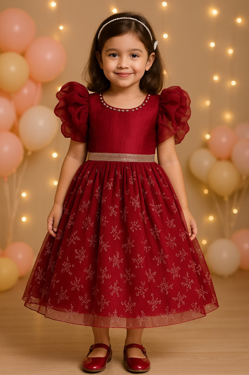 Girls Studded Balloon Sleeve Glitter Floral Party Dress
