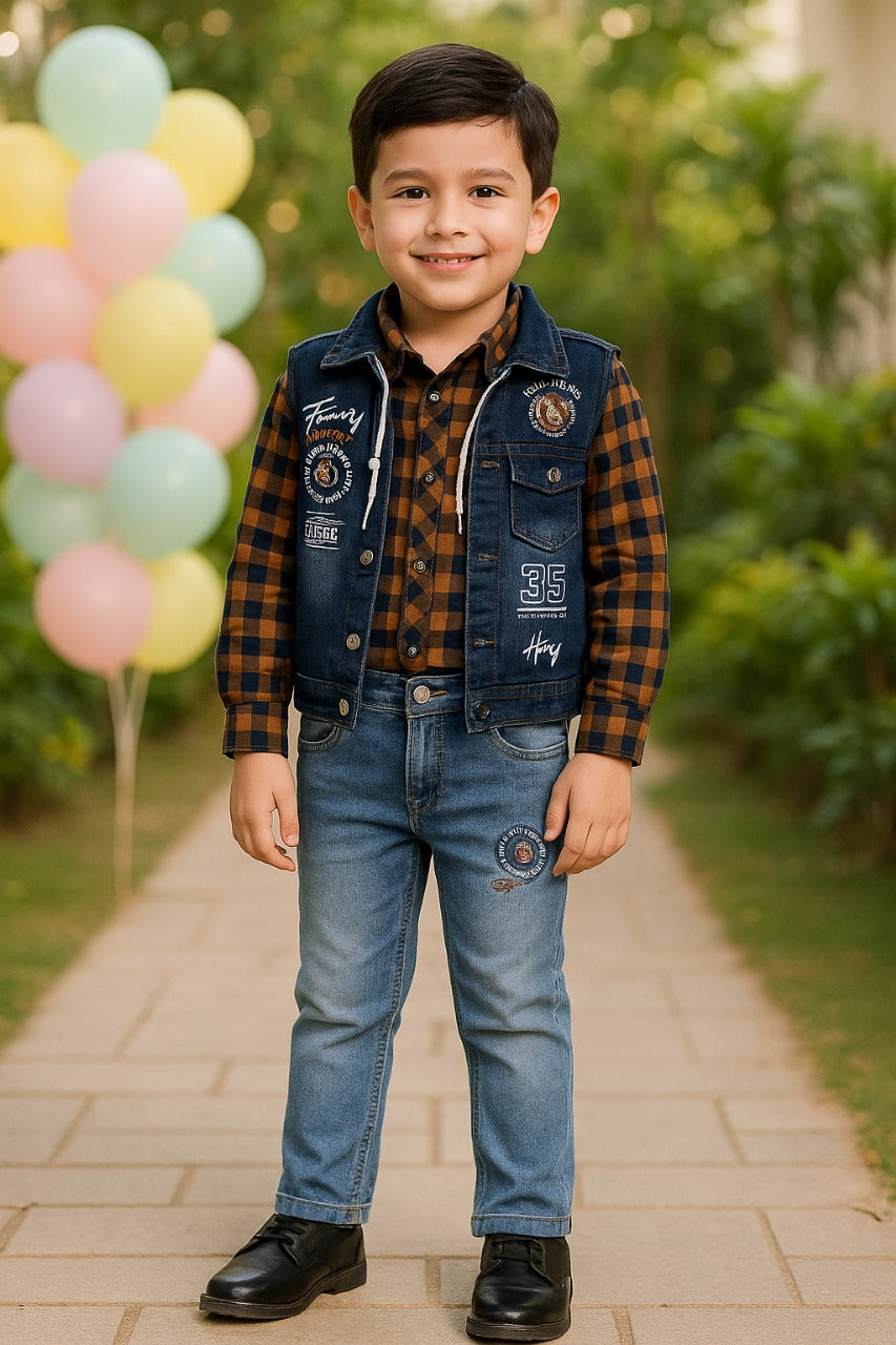 Boys Checked Shirt Clothing Set With Denim Waist Coat