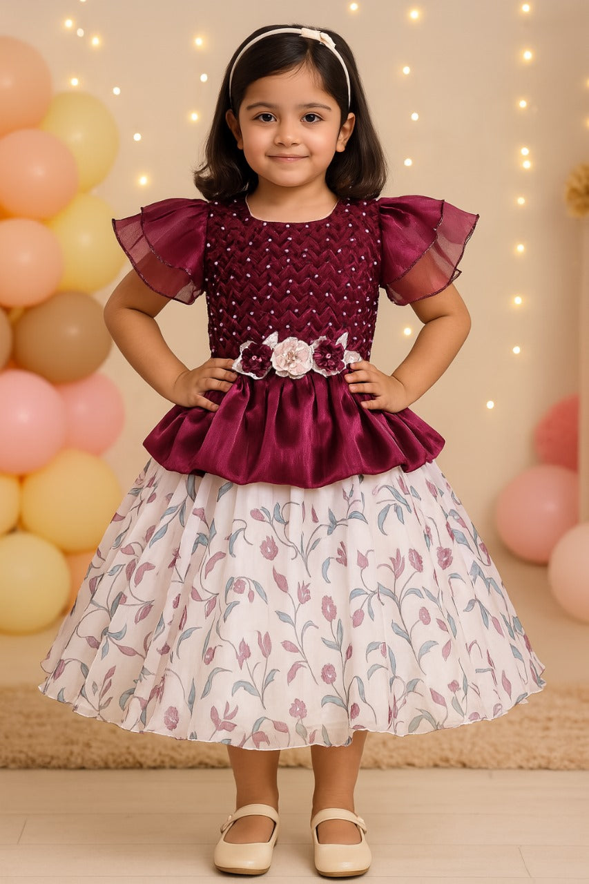 Girls Floral Applique Embellished Ruffle Sleeve Printed Party Dress