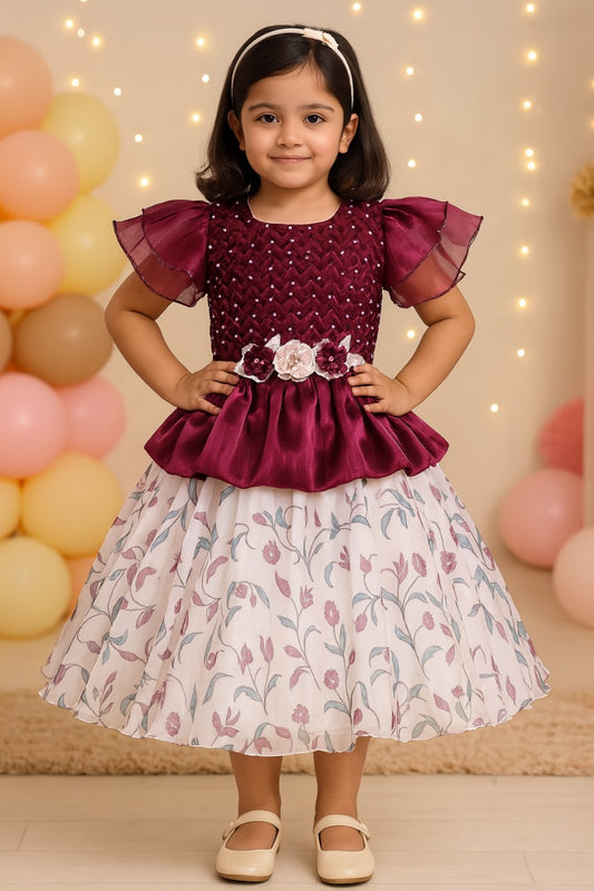 Girls Floral Applique Embellished Ruffle Sleeve Printed Party Dress