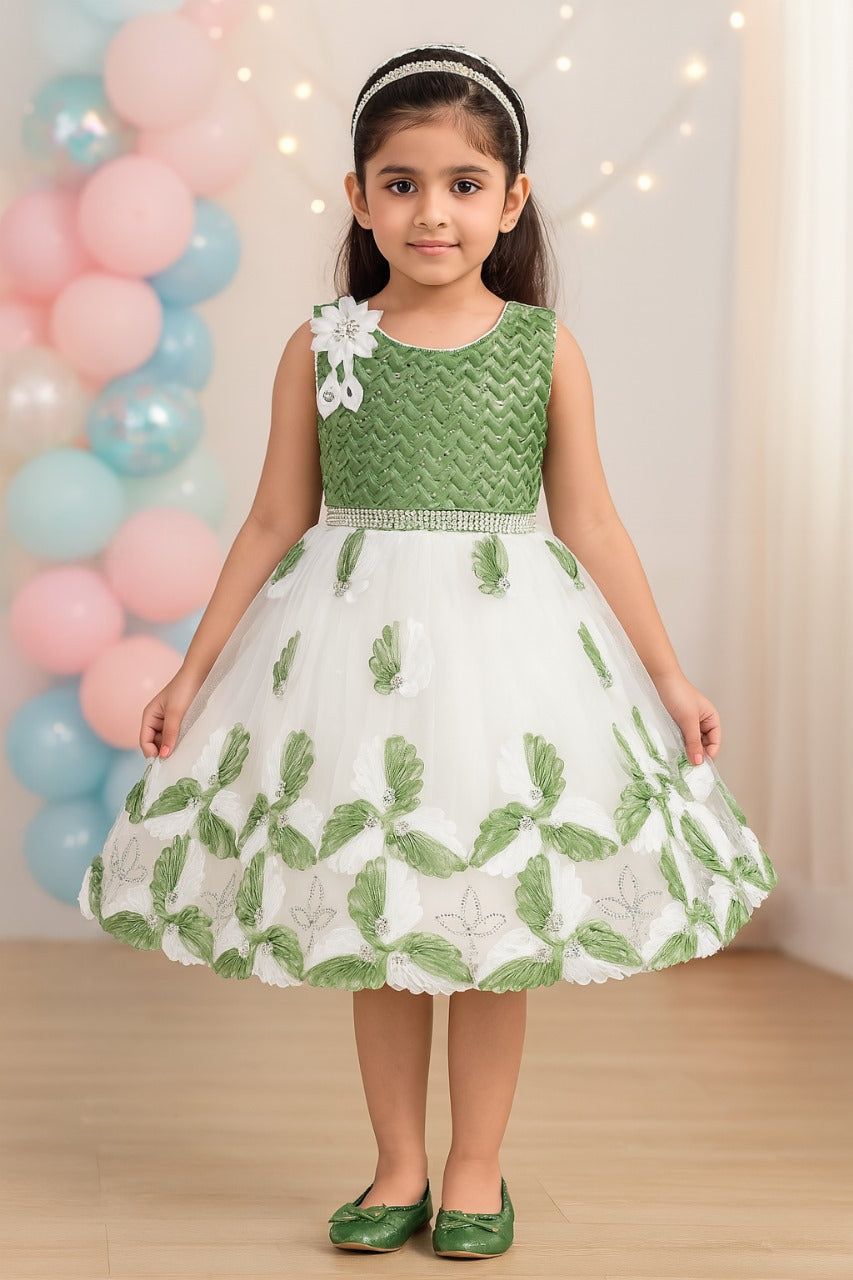 Girls Floral Pattern Sequinned Party Dress