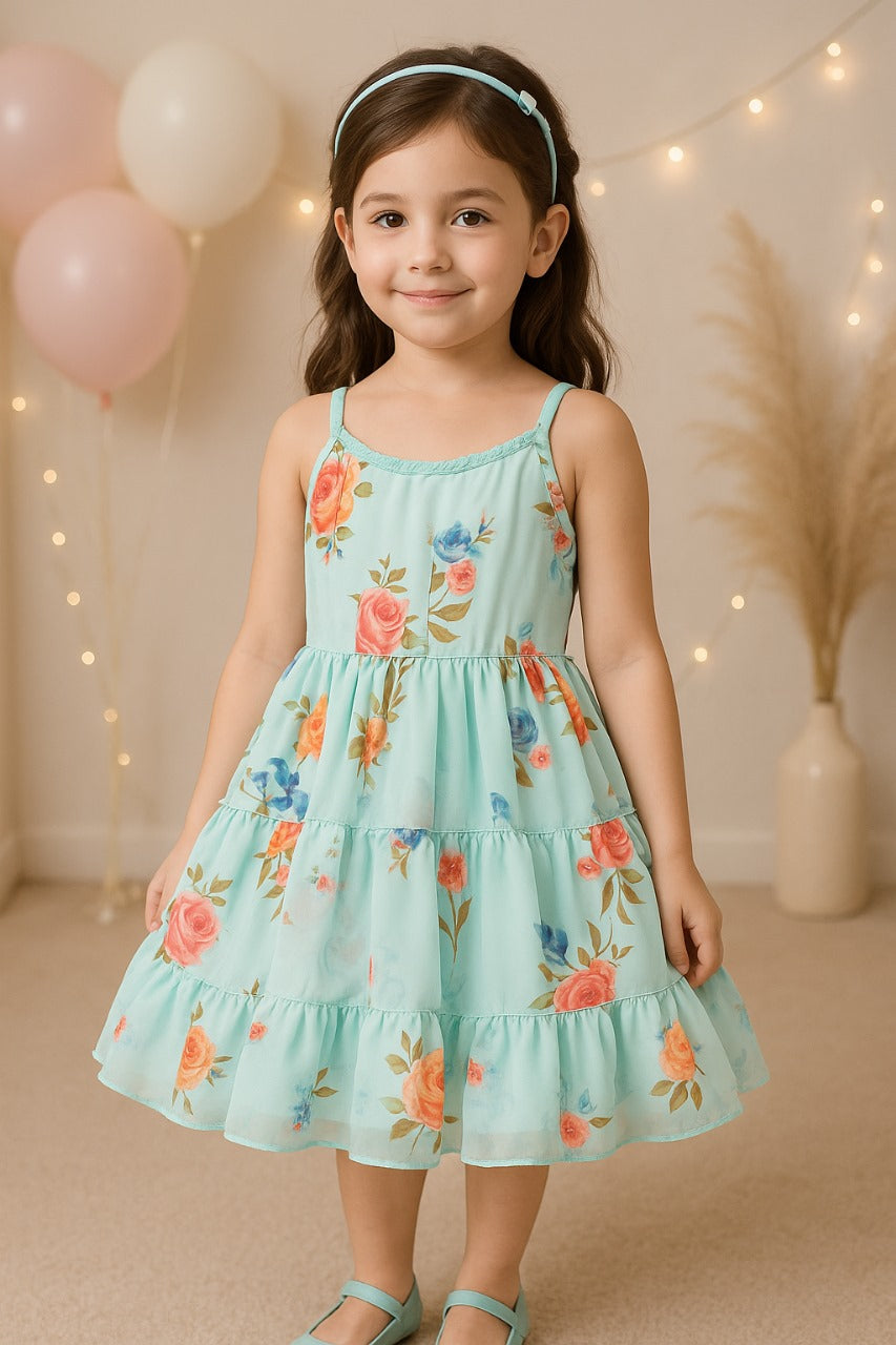 Girls Floral Printed Strappy Dress