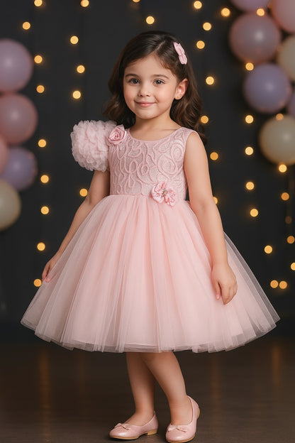 Girls Solid Net Fabric A-Line Frock Dress