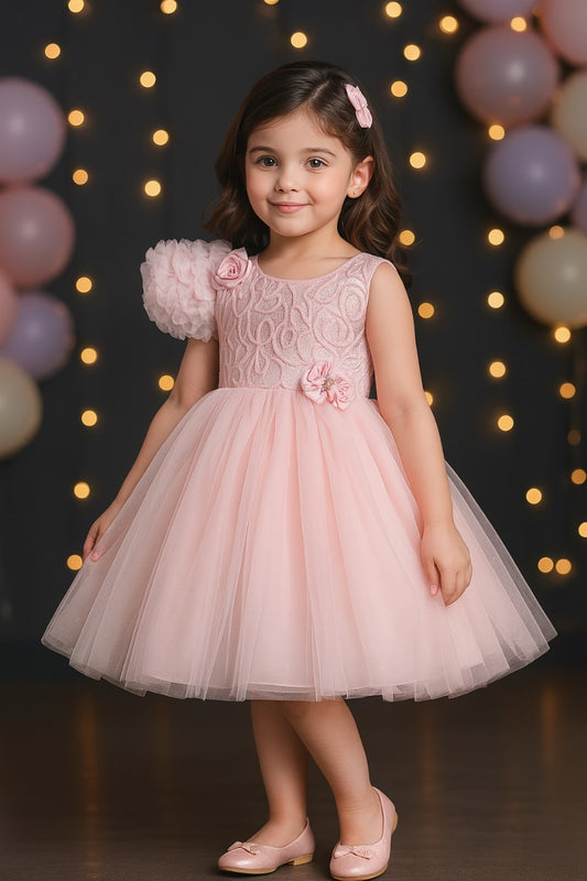 Girls Solid Net Fabric A-Line Frock Dress
