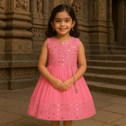 Girls Mirror Work Flared Ethnic Dress