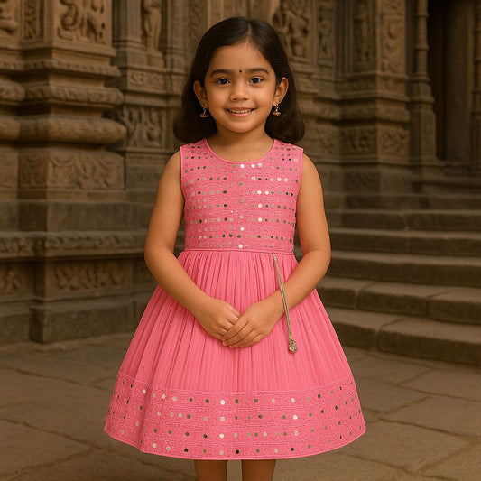 Girls Mirror Work Flared Ethnic Dress
