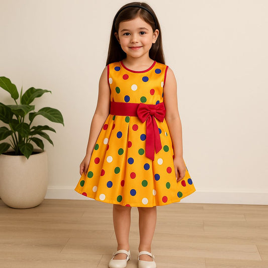 Yellow Polka Dot Printed Bow Detail Dress