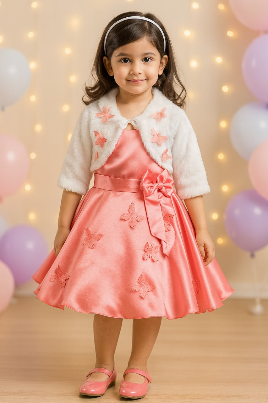 Baby Girls Frock Dress | Buy Peach Winter Festive & Wedding Baby Girls Dress with Fur Jacket