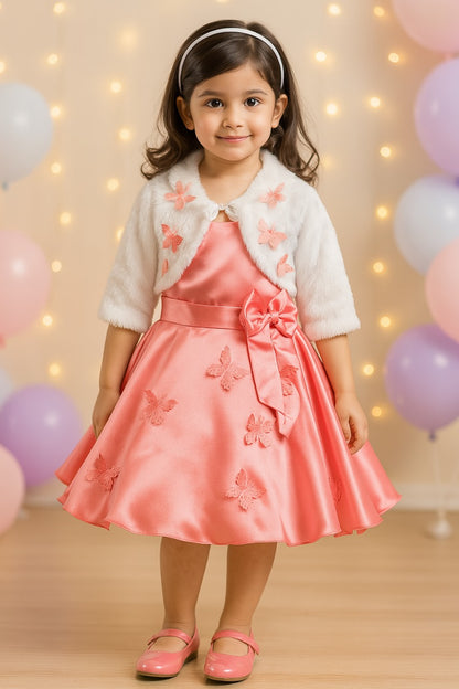 Baby Girls Frock Dress | Buy Peach Winter Festive & Wedding Baby Girls Dress with Fur Jacket