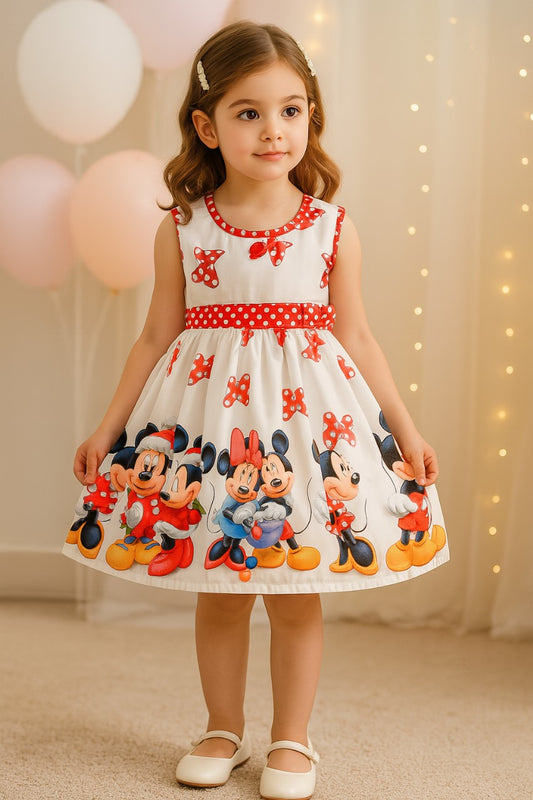 Red and White Mickey Mouse Printed Dress
