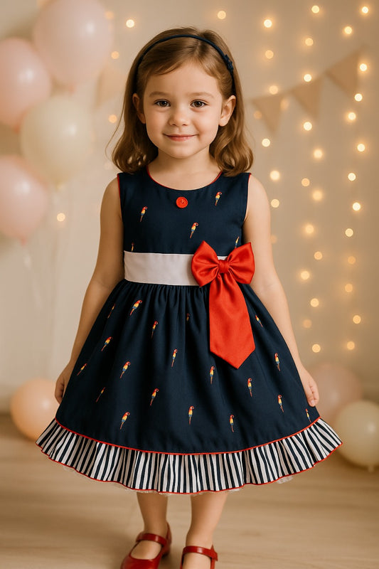 Girls Cotton Printed Bow Flared Dress