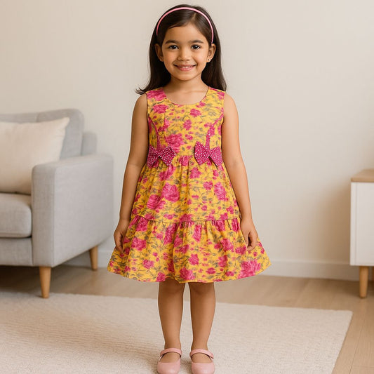 Girls Floral Printed Bow Cotton Summer Dress
