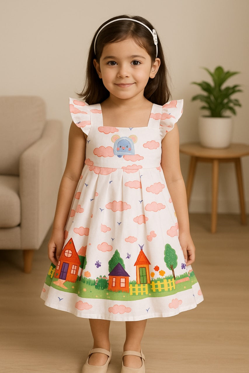 Girls Printed Box Pleat Casual Dress with Frill Sleeves