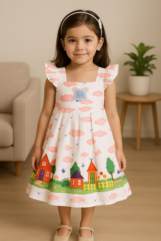 Girls Printed Box Pleat Casual Dress with Frill Sleeves