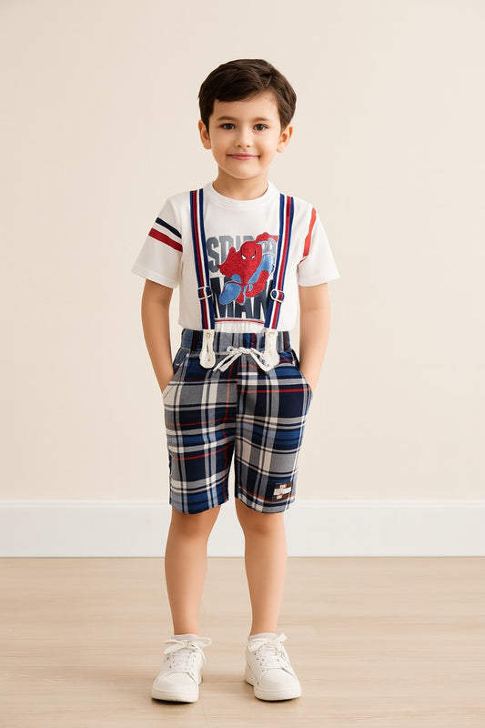 Boys Spiderman Printed Cotton Dungaree Set
