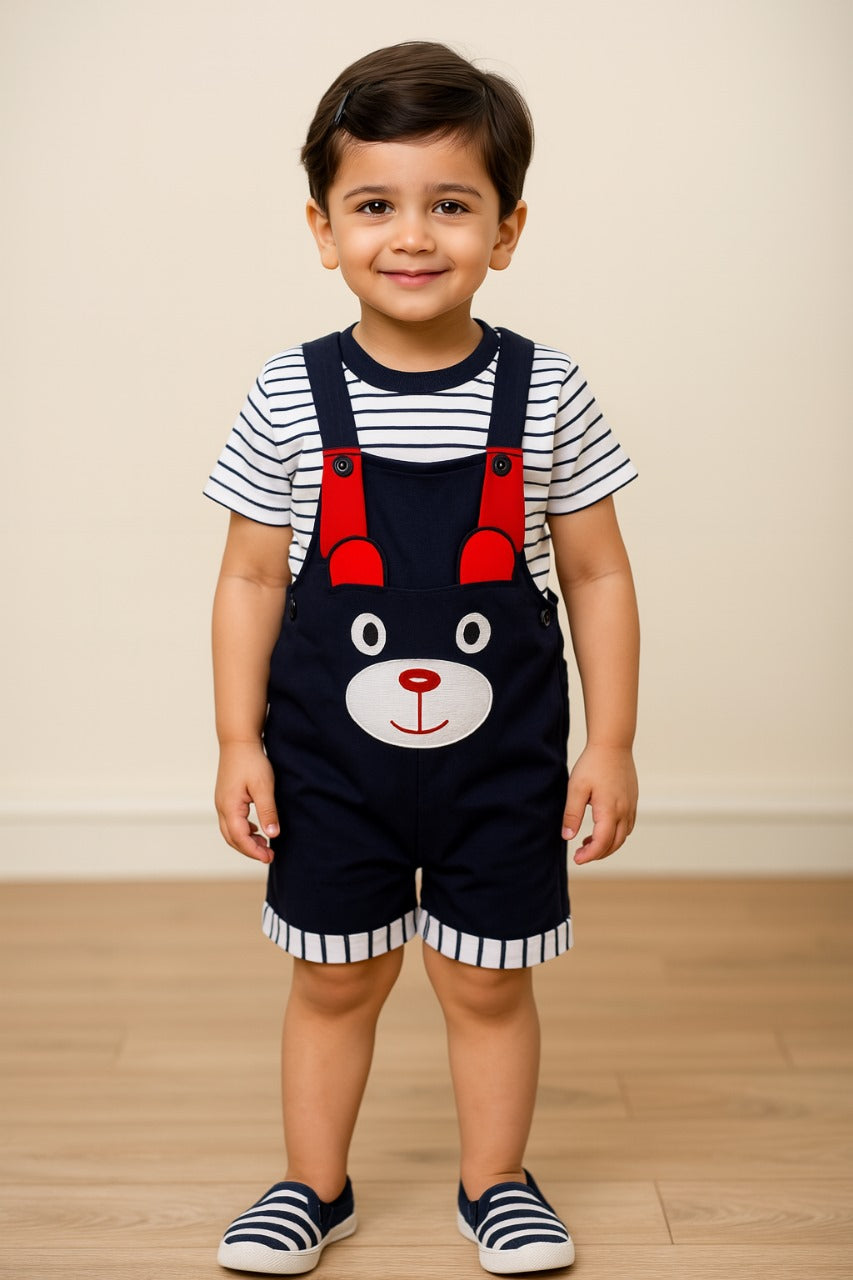 Boys Striped Printed Cotton Dungaree Set