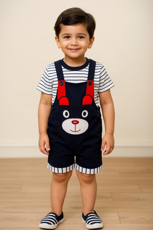 Boys Striped Printed Cotton Dungaree Set