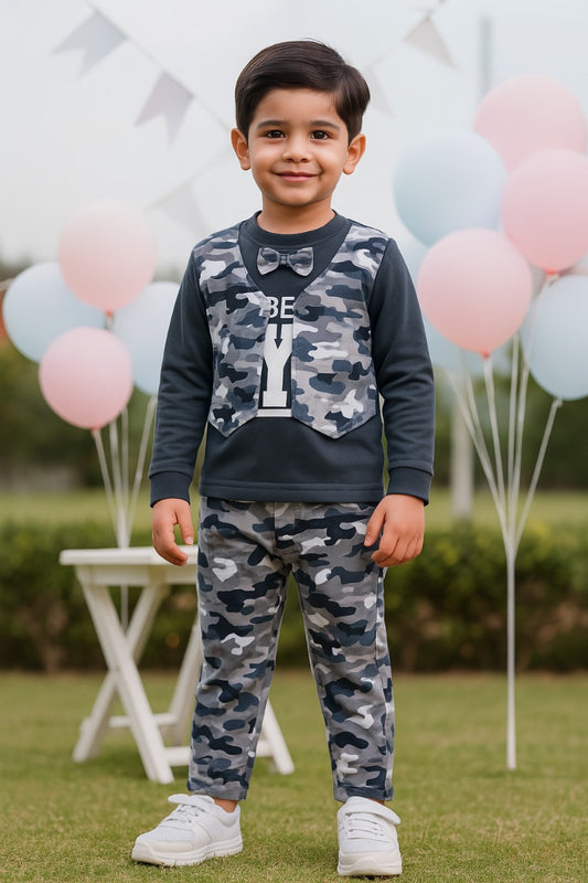 Boys Shirt with Attached camouflage Printed Waistcoat and Pant