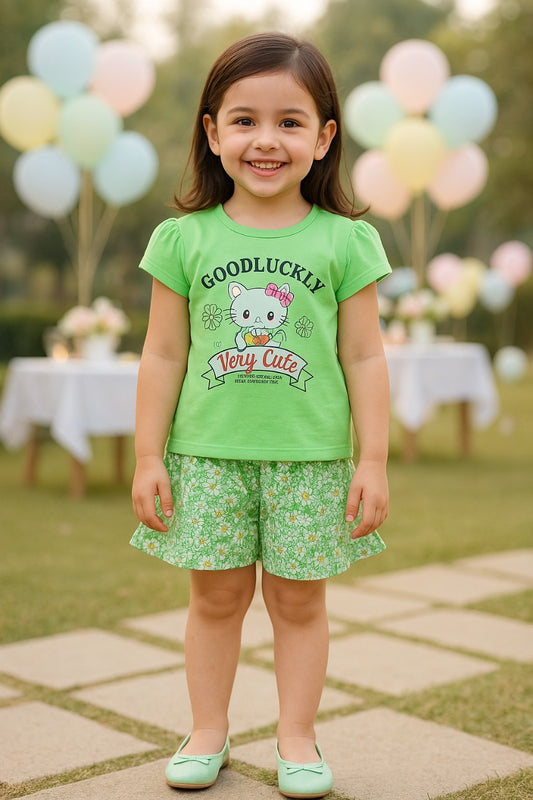 Girls Floral Printed Cotton T-Shirt and Flared Shorts Co-ord Set