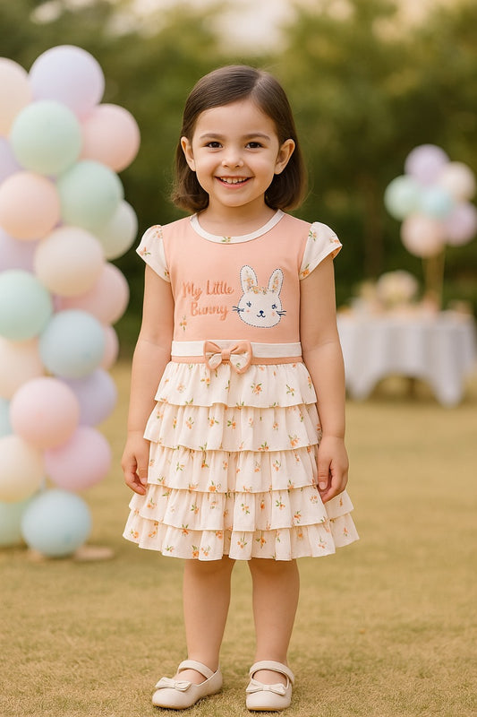 Girls Bunny Embroidered Bow Layered Cotton Casual Dress