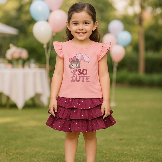 Girls Cotton Printed Top and Layered Skirt Set