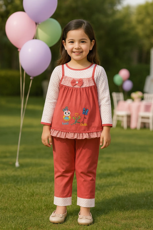 Girls Polka And Applique Print Top And Pant Full Sleeve Clothing Set