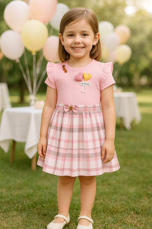 Girls Checkered Heart Print Dress with Bow Detail & Briefs Set