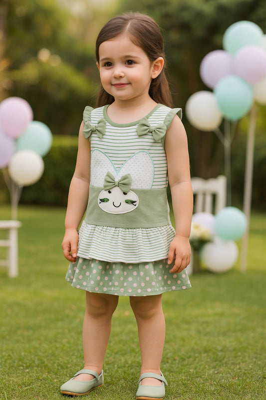 Girls Bow Cartoon Print Top & Skirt Summer Co-ord Set