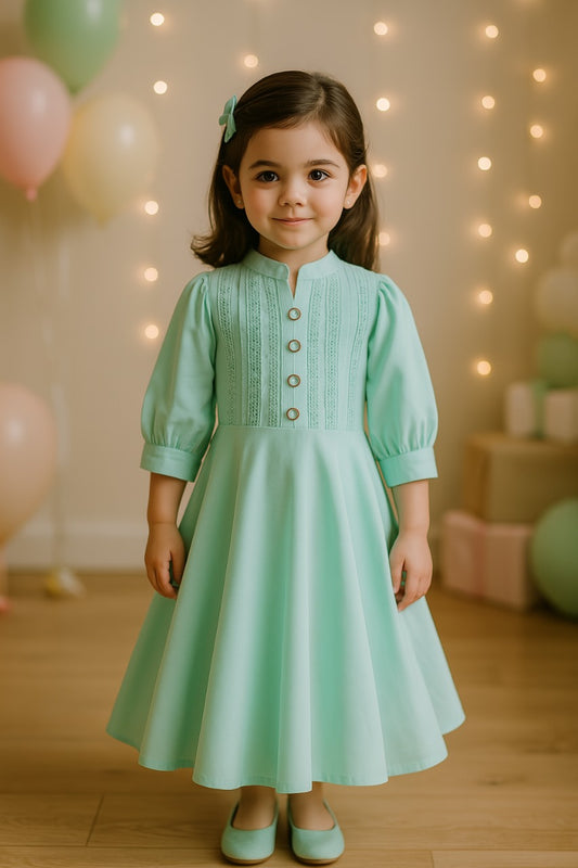 Girls Solid Fit and Flare Bell Sleeve Frock Dress