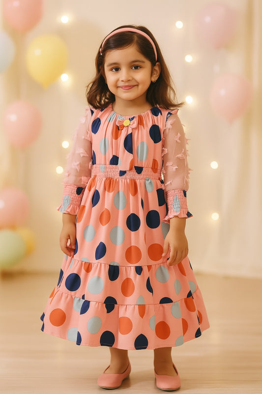 Girls Polka Print Bell Sleeve Fit and Flare Frock Dress
