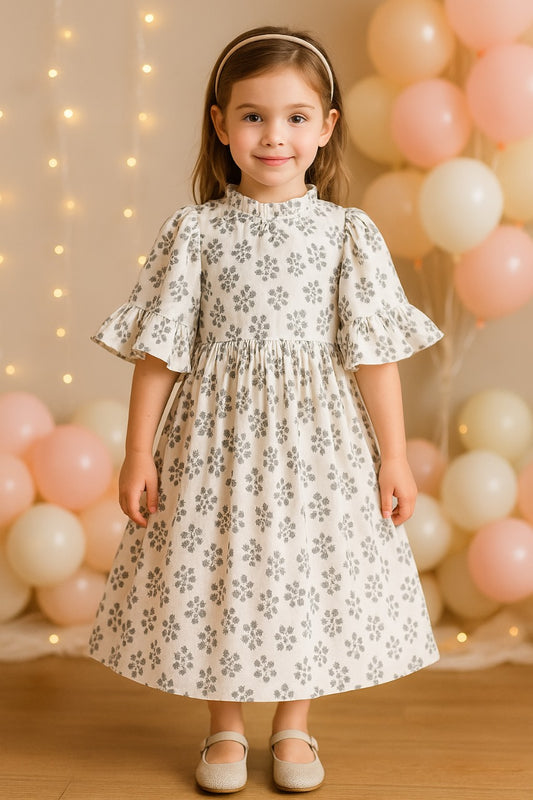 Girls Floral Print Bell Sleeve Fit and Flared Frock Dress