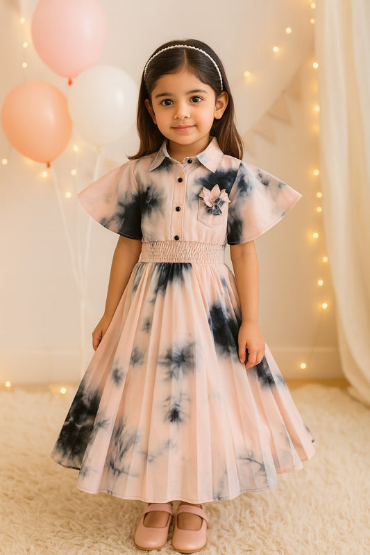 Girls Solid Cap Sleeve High Neck Fit and Flare Frock Dress