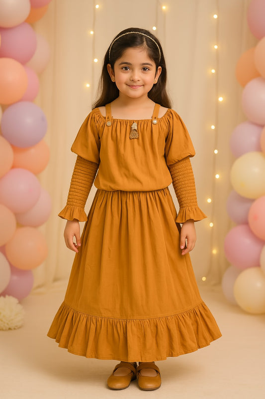 Girl Solid Bell Sleeve Fit and Flare Frock Dress