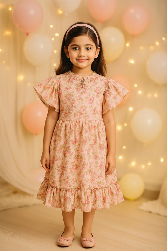 Girls Floral Print Flutter Sleeve Casual Dress