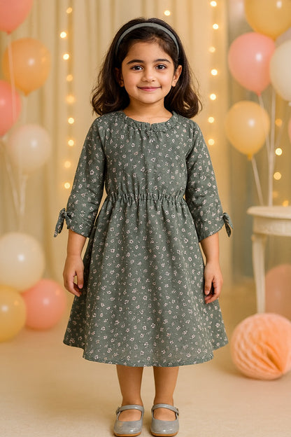 Girls Floral Print Bell Sleeve Fit and Flare Frock Dress