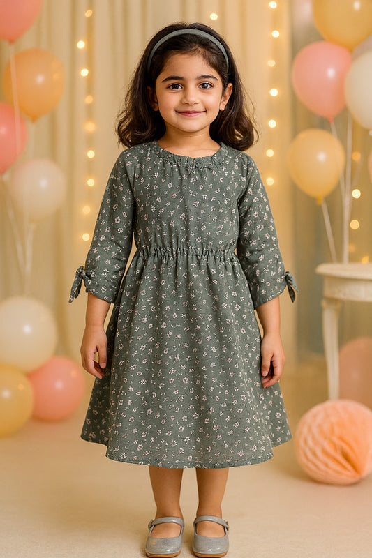 Girls Floral Print Bell Sleeve Fit and Flare Frock Dress