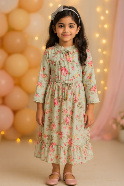 Girls 3/4th Sleeve Floral Print Fit and Flare Frock Dress